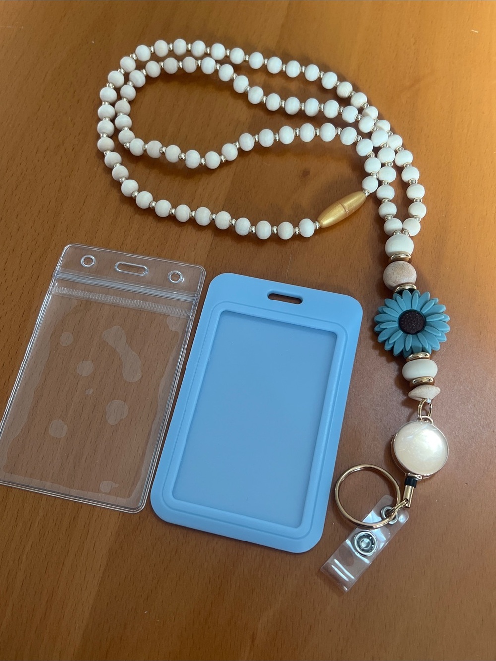 New White Beaded Lanyard with Blue Flower Badge Holder